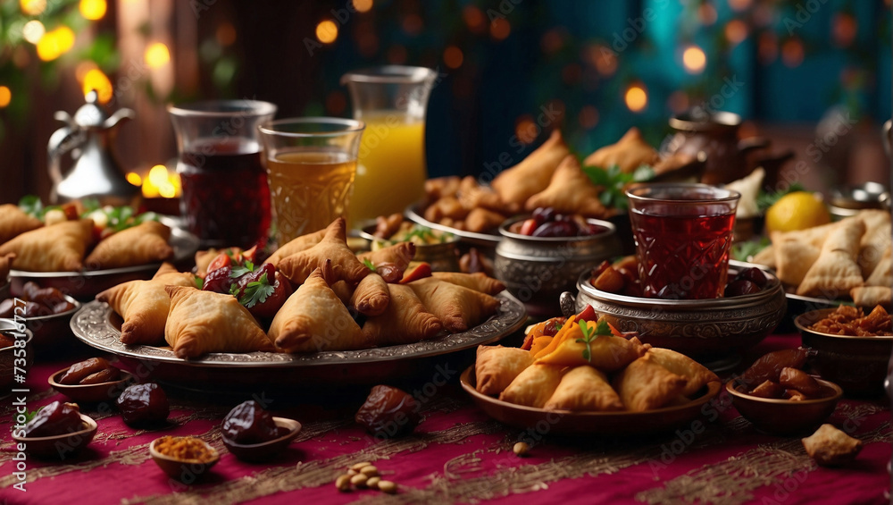 Traditional food for Ramadan Iftar and Sheri, Dried food, Dates and Samosas