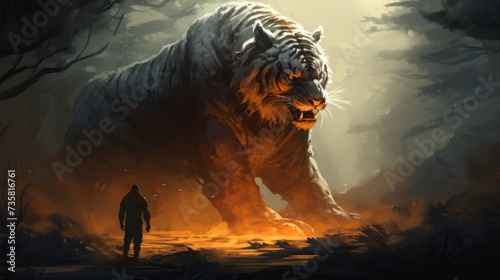 Courage in the face of adversity: powerful illustration of a lone man confronting a giant tiger