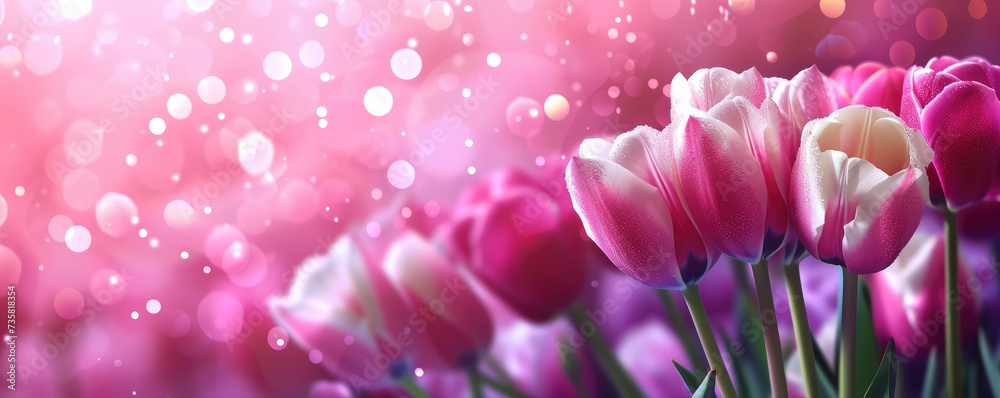 A radiant bouquet of pink and white tulips with a sparkling bokeh effect in the background.