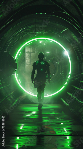 Green technology illuminates the path for a sci fi soldier circling around in a never ending quest for harmony