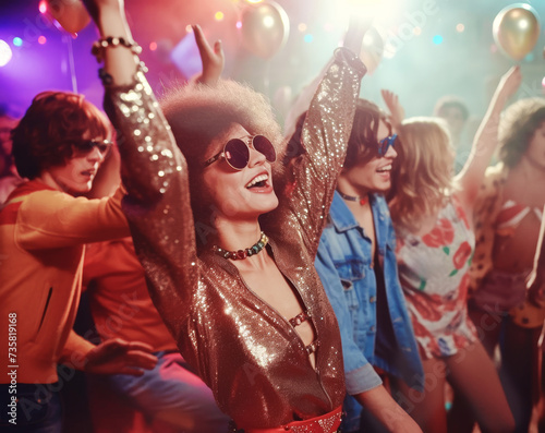 A group of young people have fun dancing at a 70s themed party