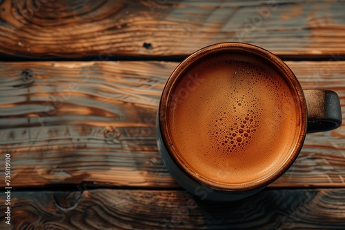 A cup of coffee. Caffeine. A coffee drink. Closeup of a coffee cup seen from above placed on the wooden surface. A cup of coffee with foam. Black coffee. Foamy bubbles in the coffee cup. Coffee mug photo