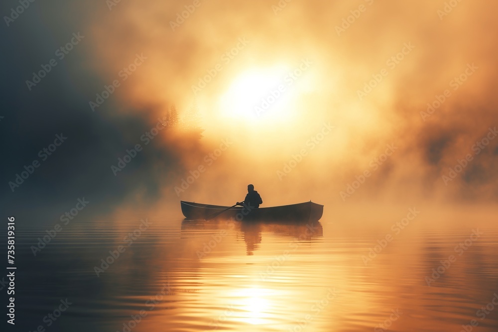 A Man Canoeing on a Misty Lake