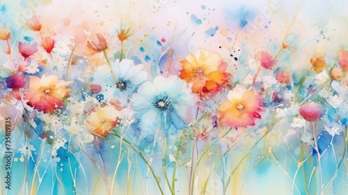 Watercolor wildflowers floral illustration - summer flower  blossom  poppies  chamomile  dandelions  cornflowers  lavender  violet  bluebell  clover  buttercup  butterfly. Generative AI