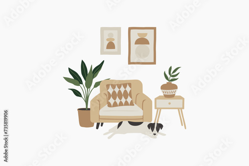 Living Room with Dog in Boho Style Vector Illustration