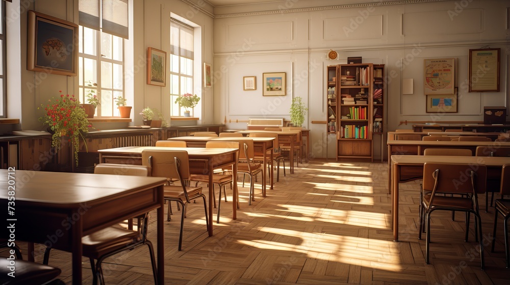 Authentic Classroom Ambiance: Traditional School Interior with Wooden Flooring and Furniture