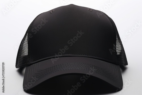 Black trucker hat mockup illustration on white studio background