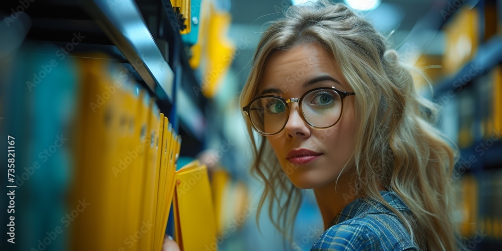 An elegant young woman in glasses, choosing in a library, exudes beauty and intelligence. An elegant young woman in glasses, choosing in a library, exudes beauty and intelligence.
