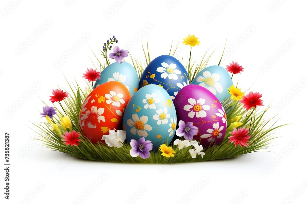 Easter eggs with grass and flowers element isolated on white background Generative Ai Easter eggs with grass and flowers element isolated on white background Generative Ai