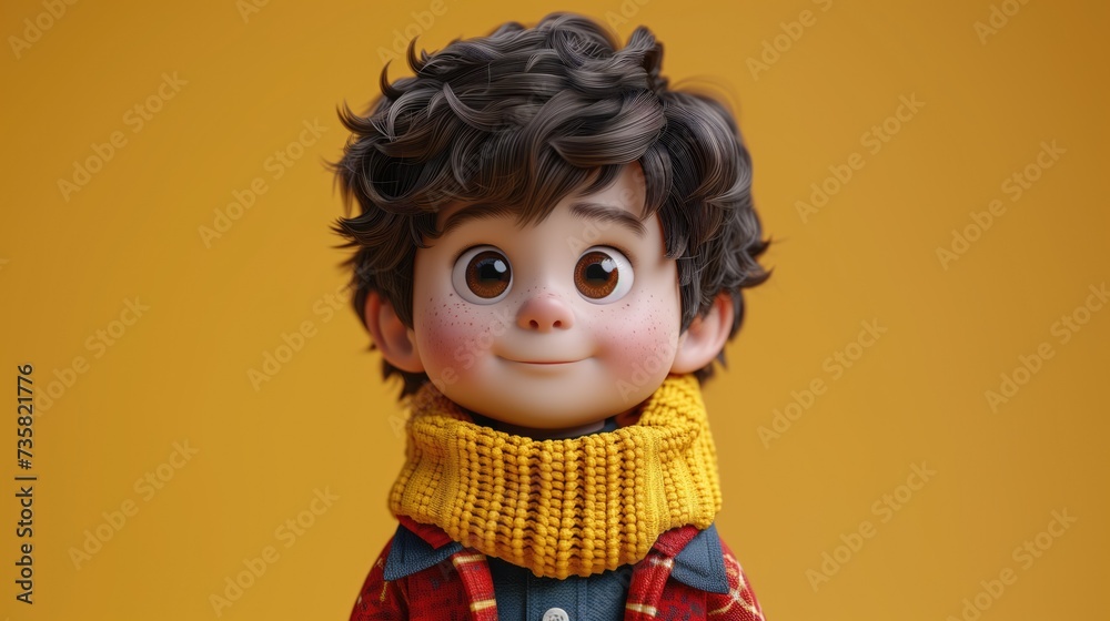 cute little boy with big eyes. 3D render anime boy isolated on yellow background