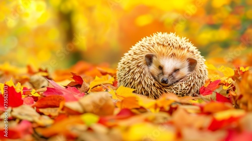 Cute and Cozy Hedgehog Sleeping on Autumn Leaves AI Generated