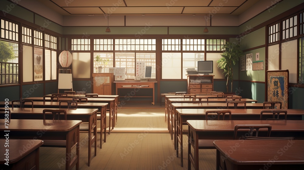 Serene Empty Japanese-Style Classroom Interior: Traditional Aesthetic in Educational Space