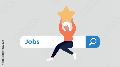 Zufriedener Kunde, der auf einer Suchleiste sitzt und einen Stern hochhält
