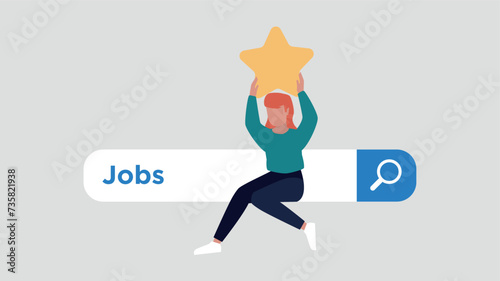 Zufriedener Kunde, der auf einer Suchleiste sitzt und einen Stern hochhält
