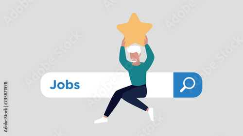 Zufriedener Kunde, der auf einer Suchleiste sitzt und einen Stern hochhält
