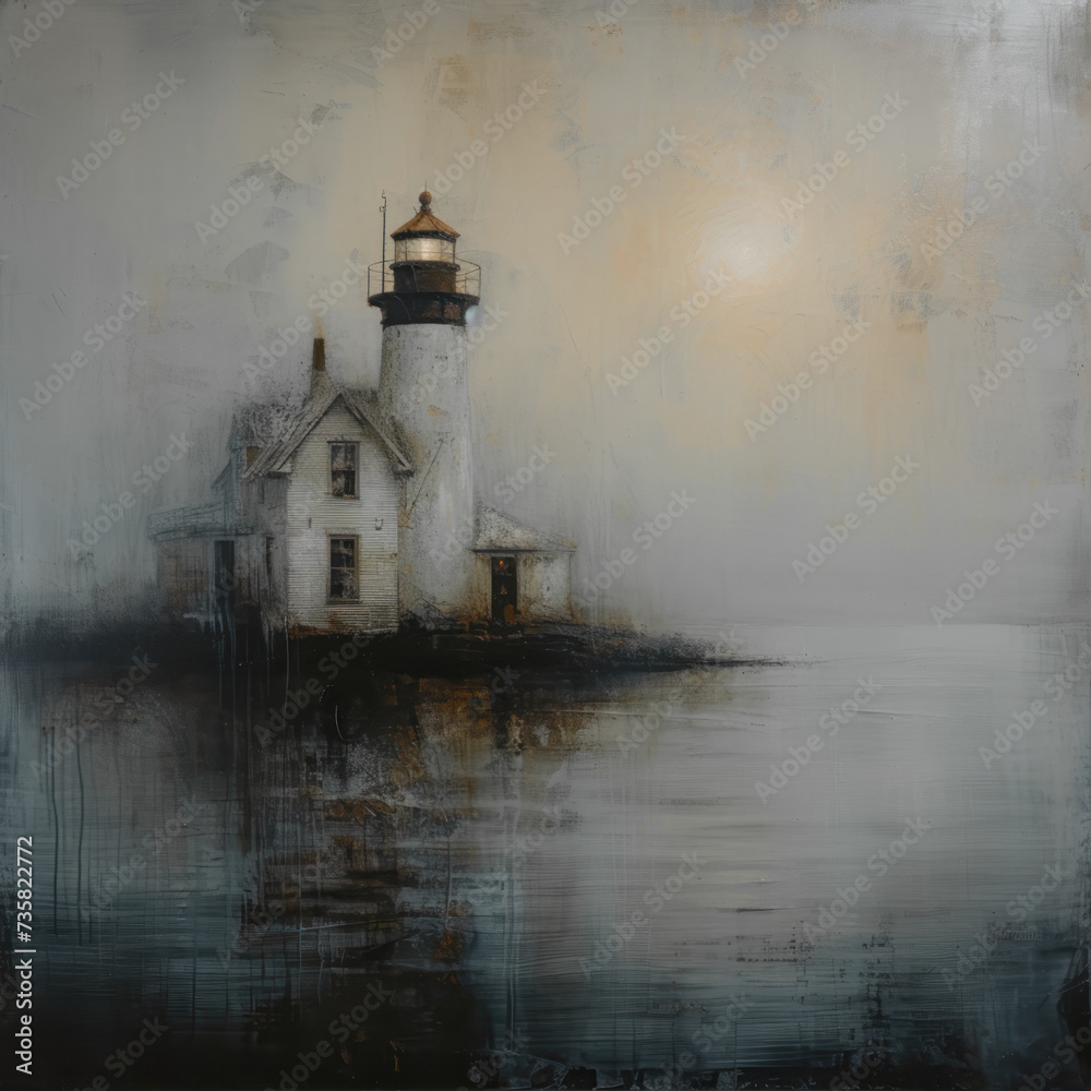 Lighthouse on the island. Illustration in oil painting style.
