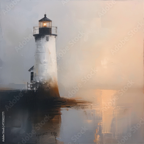 Lighthouse on the island. Illustration in oil painting style. 