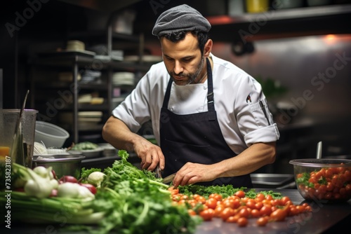 Male chef preparing vegetable vegetarian dish at a professional kitchen © arhendrix