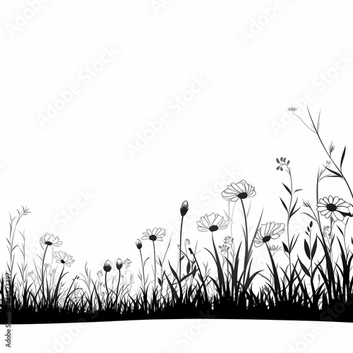 Black and white silhouette of spring grass and flowers, simple illustration. © 3dillustrations