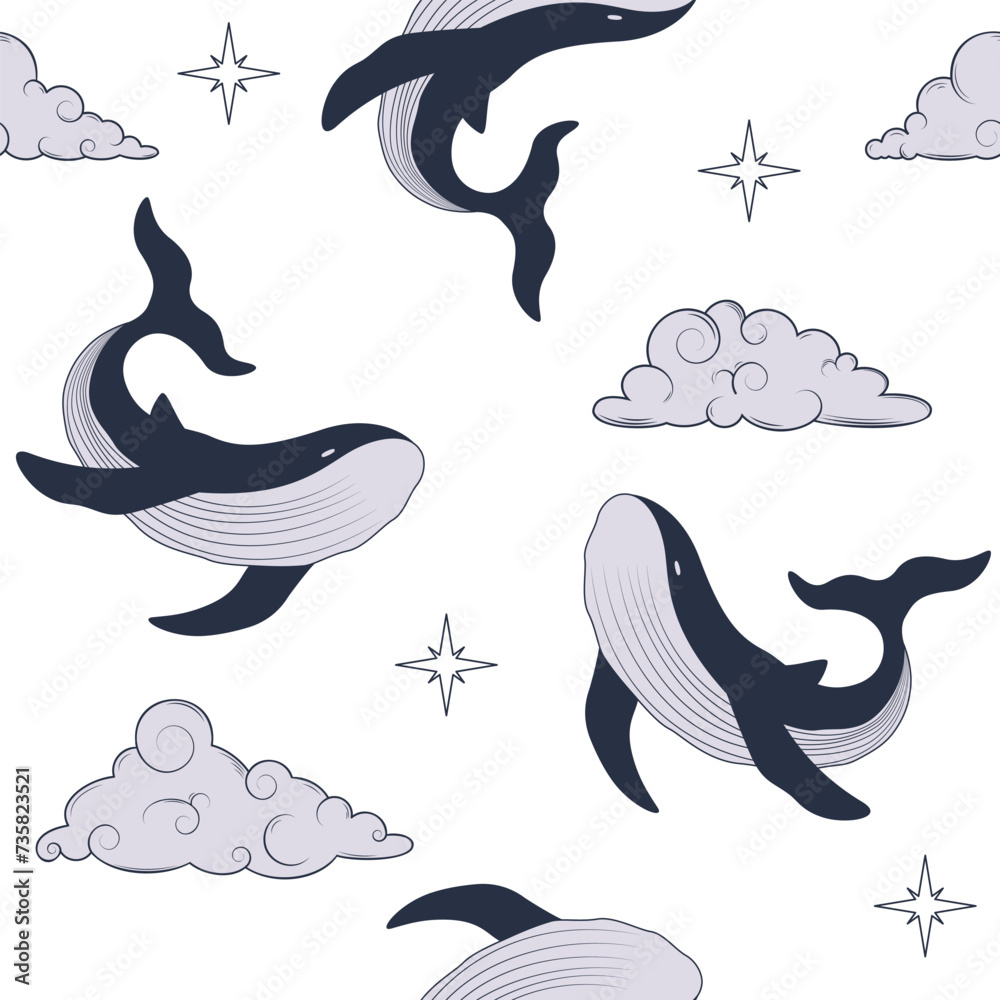 Obraz premium seamless pattern with soar up whale and clouds