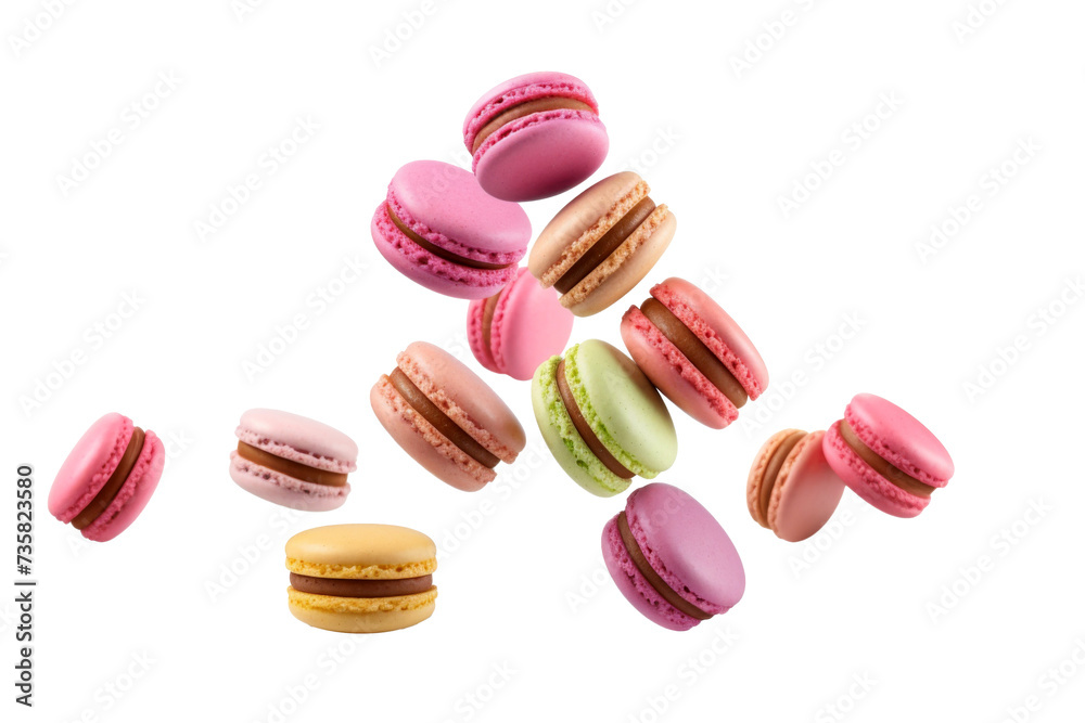 Various colorful of macarons floating on the air isolated on clean png background, Desserts sweet cake concept. Various colorful of macarons floating on the air isolated on clean png background, Desserts sweet cake concept.