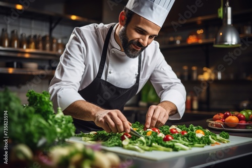 Male chef preparing vegetable vegetarian dish at a professional kitchen photo