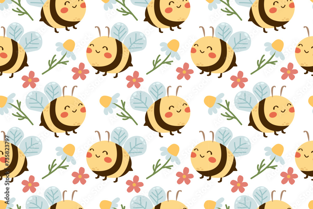 Seamless pattern with bee cartoons and little flowers on white background vector illustration. Cute cartoon character , flat doodle insect pattern for your design paper or fabric print. Seamless pattern with bee cartoons and little flowers on white background vector illustration. Cute cartoon character , flat doodle insect pattern for your design paper or fabric print.