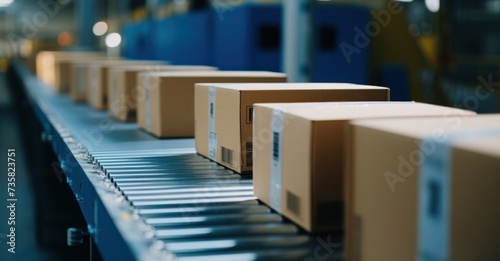 Detailed closeup of labeled boxes on a conveyor, showcasing logistics and e-commerce.