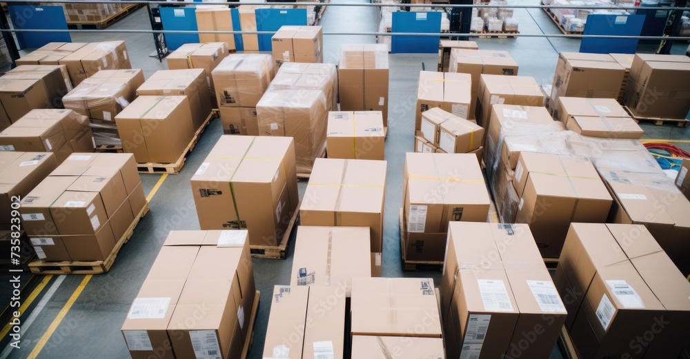 Detailed closeup of labeled boxes on a conveyor, showcasing logistics and e-commerce. Detailed closeup of labeled boxes on a conveyor, showcasing logistics and e-commerce.