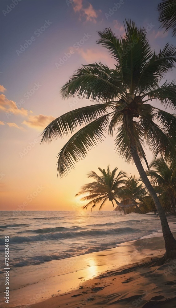 Tropical beach at sunset with palm trees. AI generated, vertical