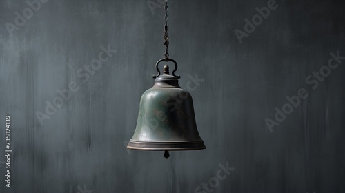 Vintage Metal School Bell Hanging Against Weathered Grey Wall Background, Educational Concept