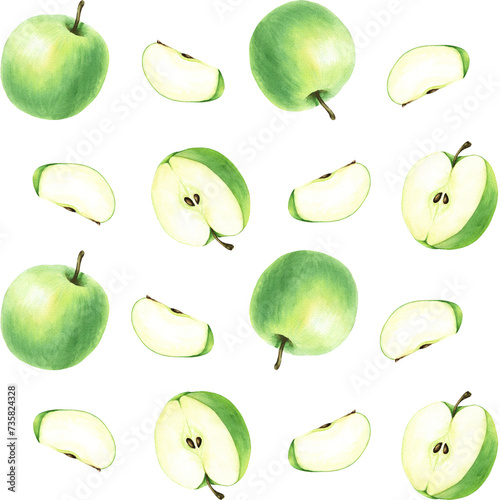 Seamless pattern with green fruit apple. Hand drawn watercolor food illustration. For wrapping wallpaper fabric textile