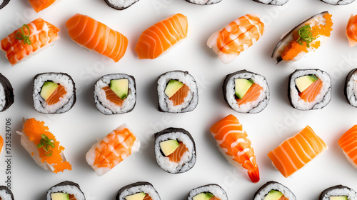 japanese sushi food. Maki ands rolls with tuna, salmon, shrimp, crab and avocado. Top view of assorted sushi. Rainbow sushi roll and nigiri. Set of sushi and maki with soy sauce white  background 