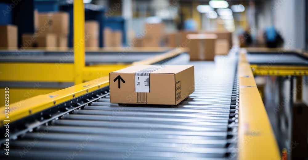 Detailed closeup of labeled boxes on a conveyor, showcasing logistics and e-commerce. Detailed closeup of labeled boxes on a conveyor, showcasing logistics and e-commerce.