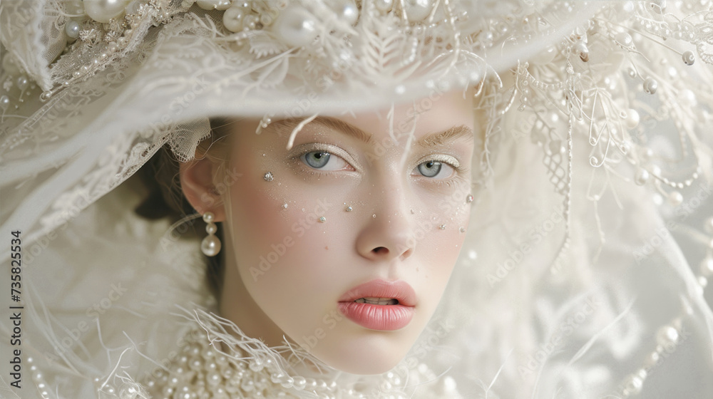 Girl in a white dress and a hat with beads
Girl in a white dress and a hat with beads