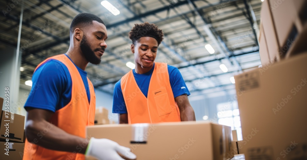 Fototapeta premium Employees scanning and sorting boxes in warehouse, combining tech with manual skill.