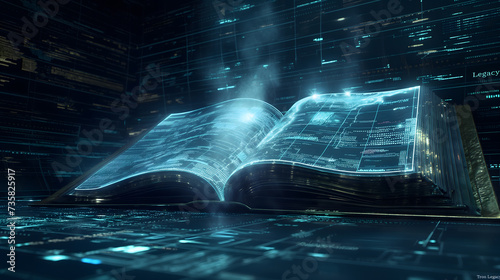 Ethereal blue book floats amidst futuristic tech backdrop, evoking imagination and learning allure 2 photo