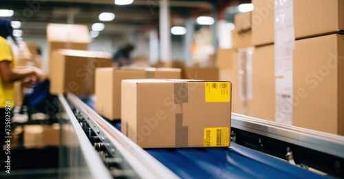 Detailed closeup of labeled boxes on a conveyor, showcasing logistics and e-commerce. © Stock Pix