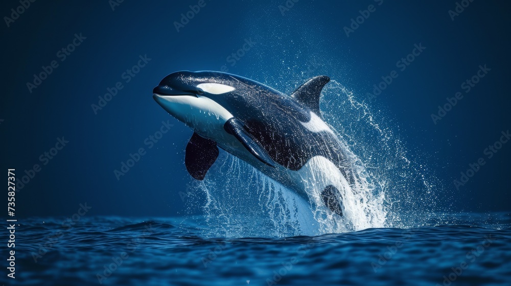 Fototapeta premium Orca Jumping in Deep Blue Background
