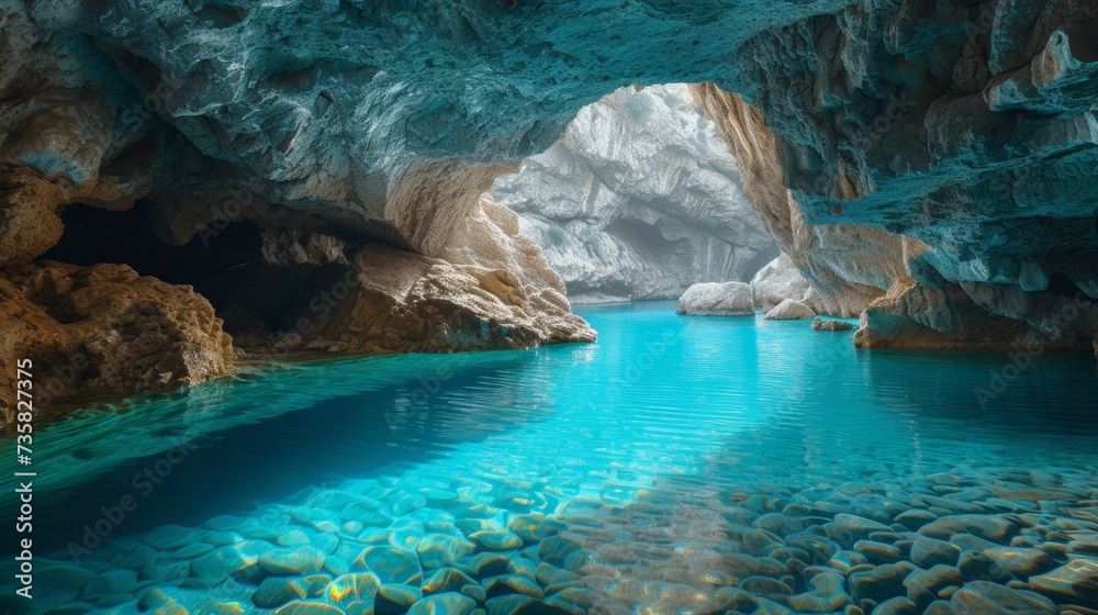 Crystal Clear Blue Pool in Underground Cave