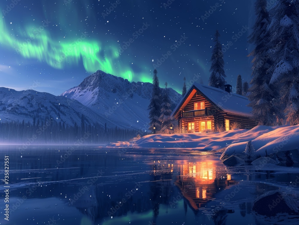 Cozy Winter Cabin with Northern Lights Over Dark Blue Background