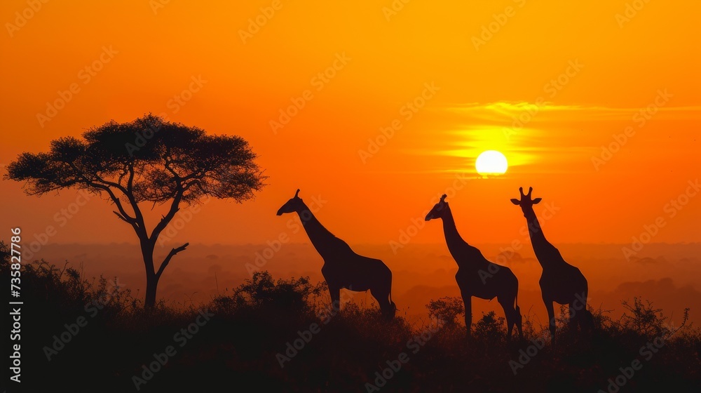 African Safari at Dawn: Wildlife on Orange Background