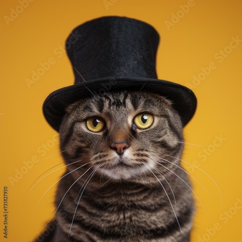 Cat in Magician Hat on Yellow Background