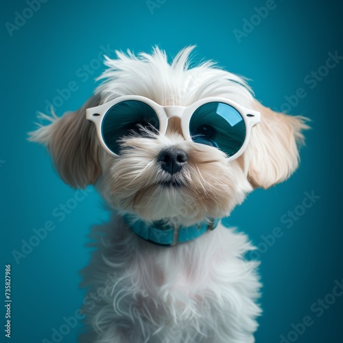 Blue Background Maltese Puppy in Sunglasses