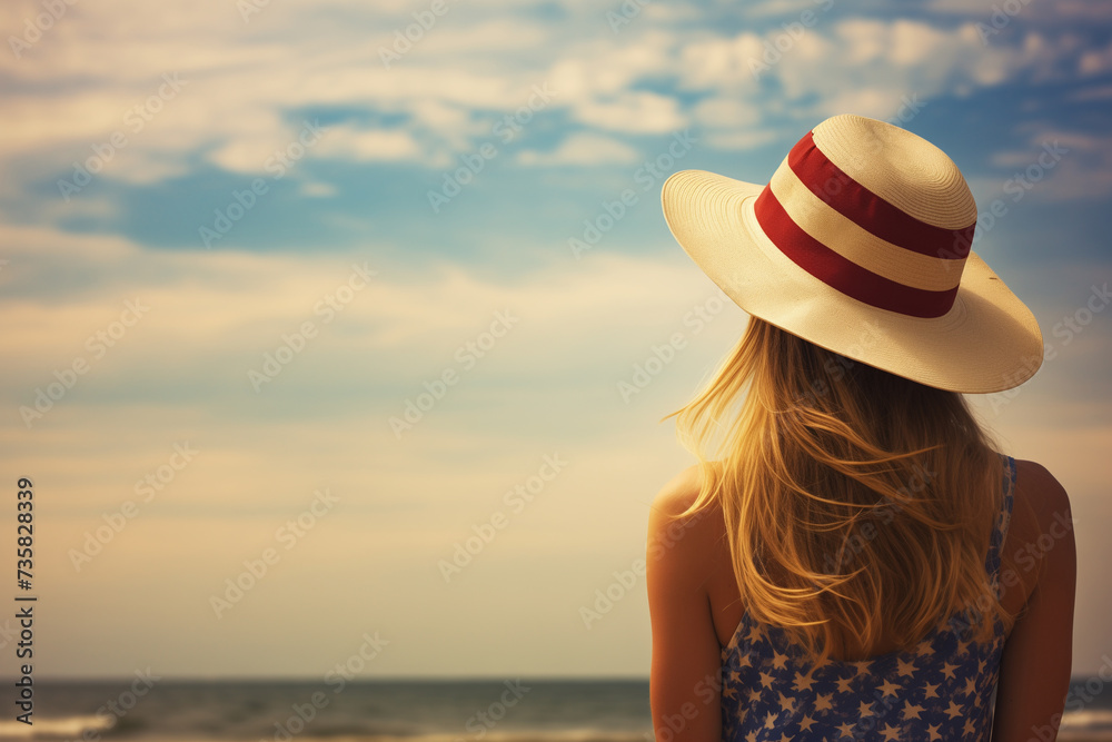 woman wearing a hat stand on beach in summer light