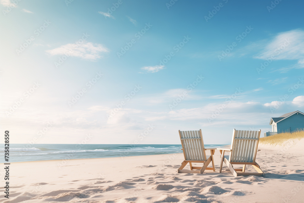armchair on beach in summer. light in morning.