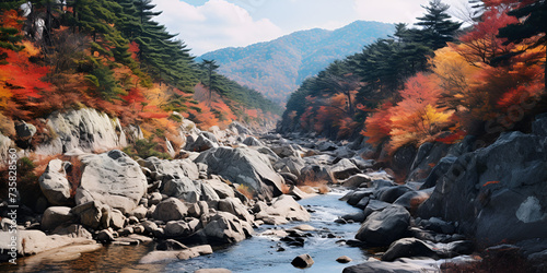autumn in the mountain, A river with rocks and trees in the background, Generative AI