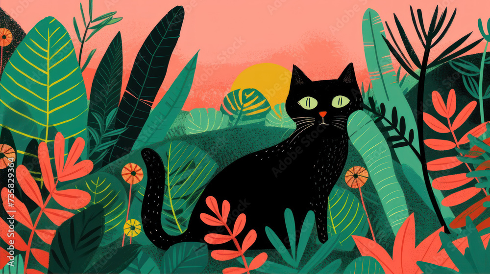Illustration of a black cat walking among the grass and flowers
Illustration of a black cat walking among the grass and flowers