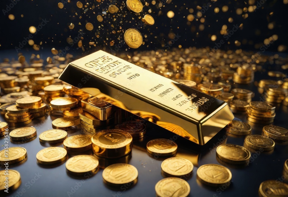 Falling price of gold represented by a golden yellow metal bar and dollar coins going down from sky,gold drop,pricing,rich