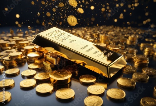 Obraz na płótnie Falling price of gold represented by a golden yellow metal bar and dollar coins going down from sky,gold drop,pricing,rich w salonie